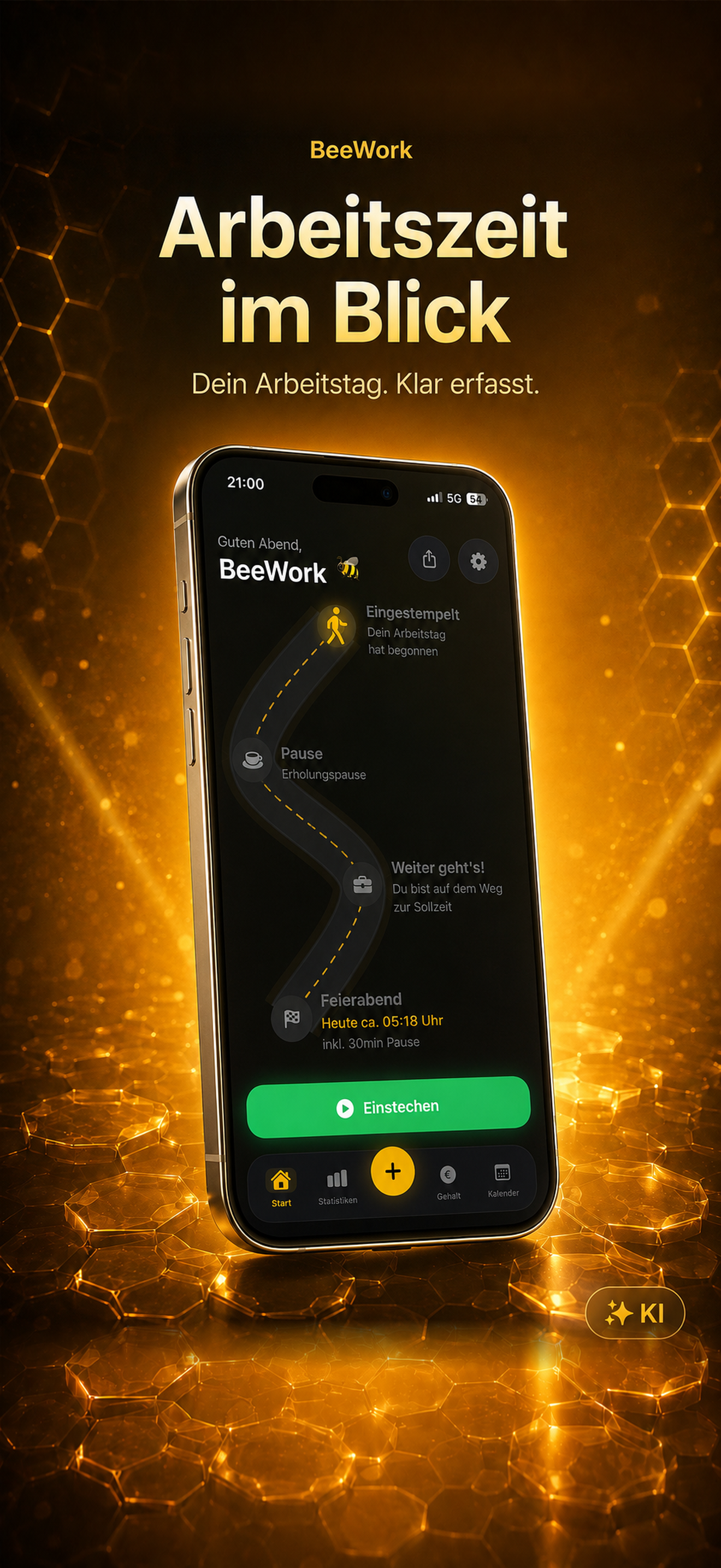 BeeWork Arbeitszeit im Blick auf dem iPhone