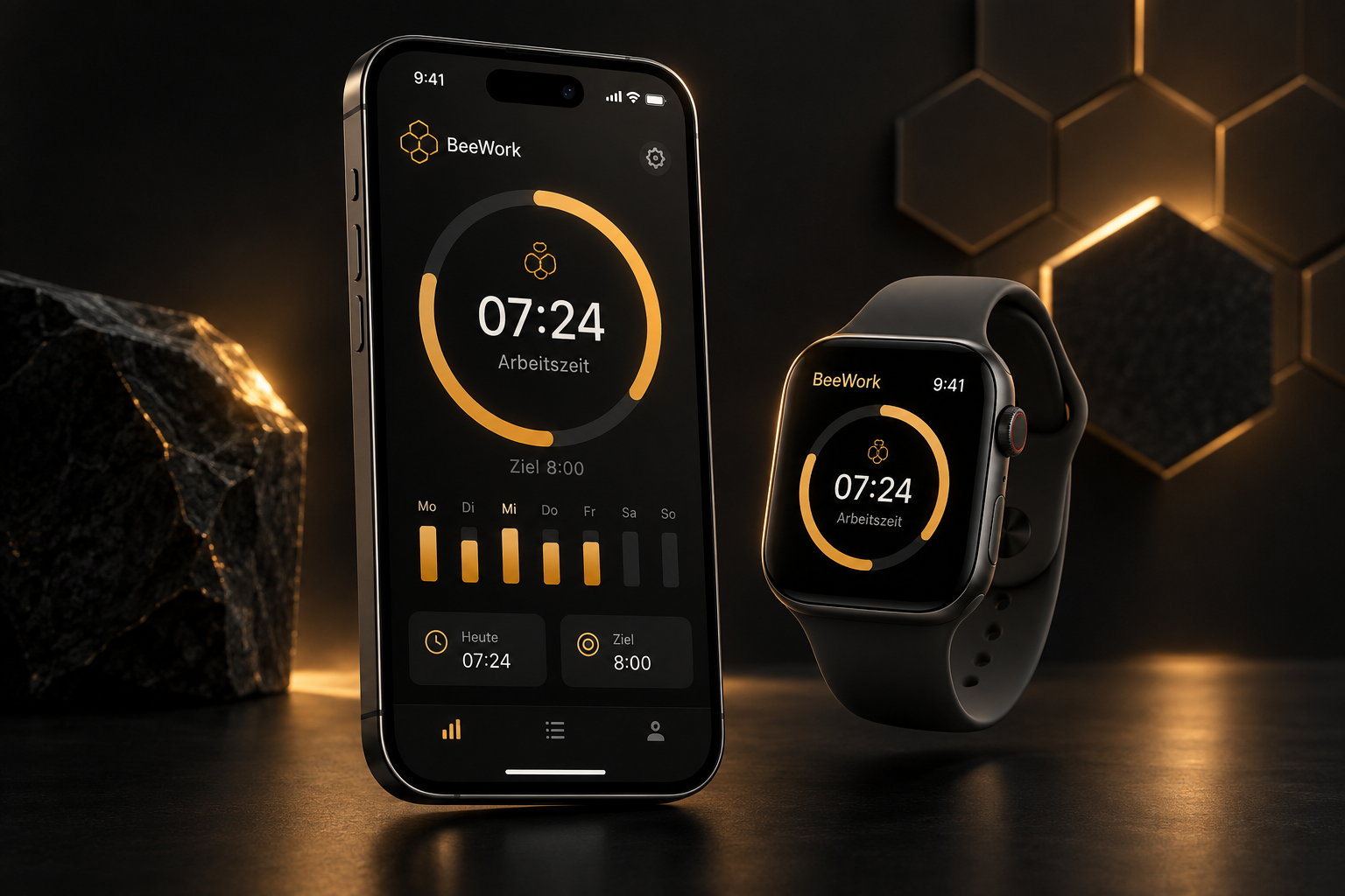 BeeWork Produktvisual: iPhone und Apple Watch mit amberfarbener Zeitanzeige.