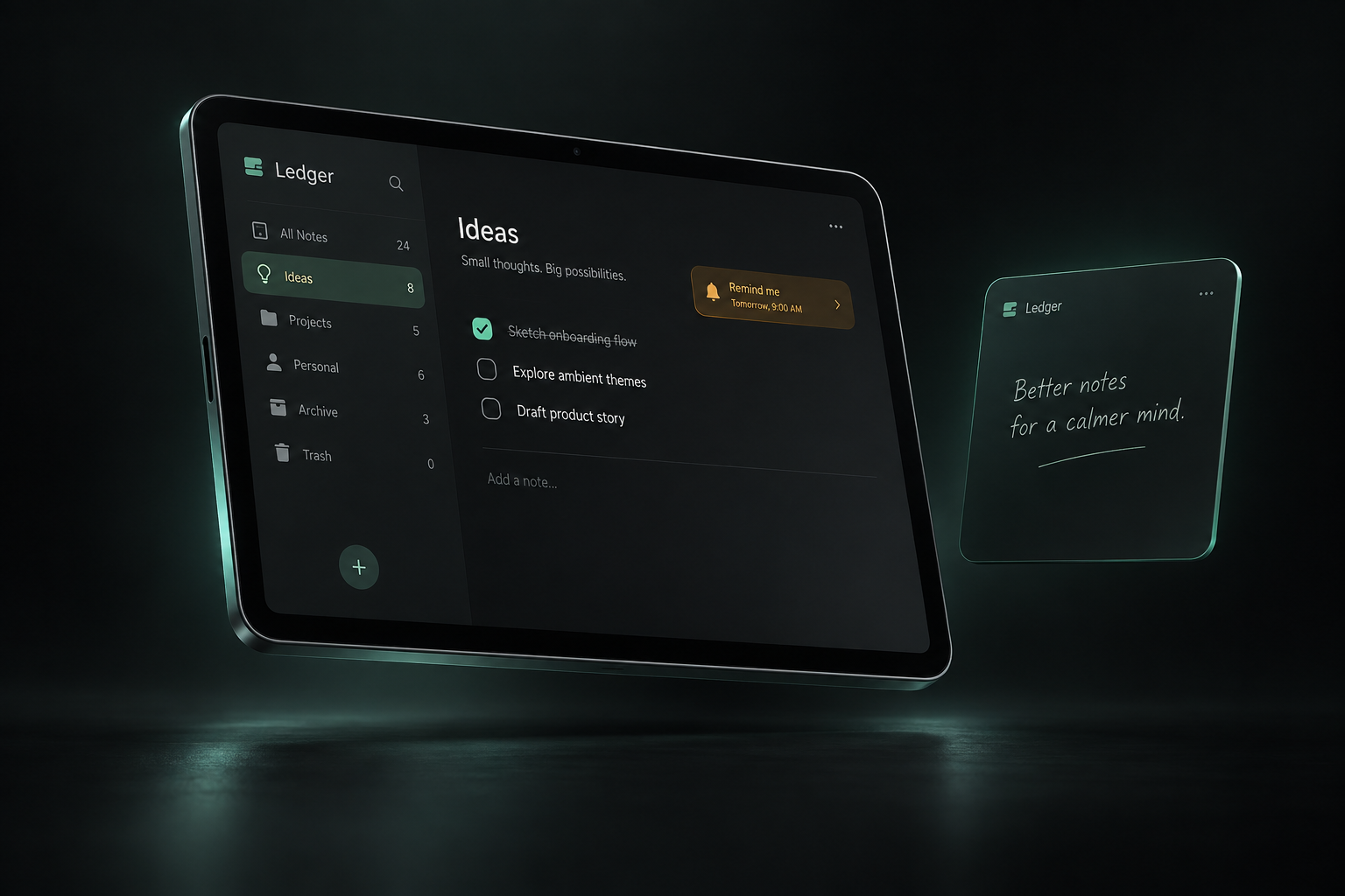 Ledger Konzeptvisual: dunkle Notizoberfläche auf einem Tablet mit Checkliste und grünen Akzenten.